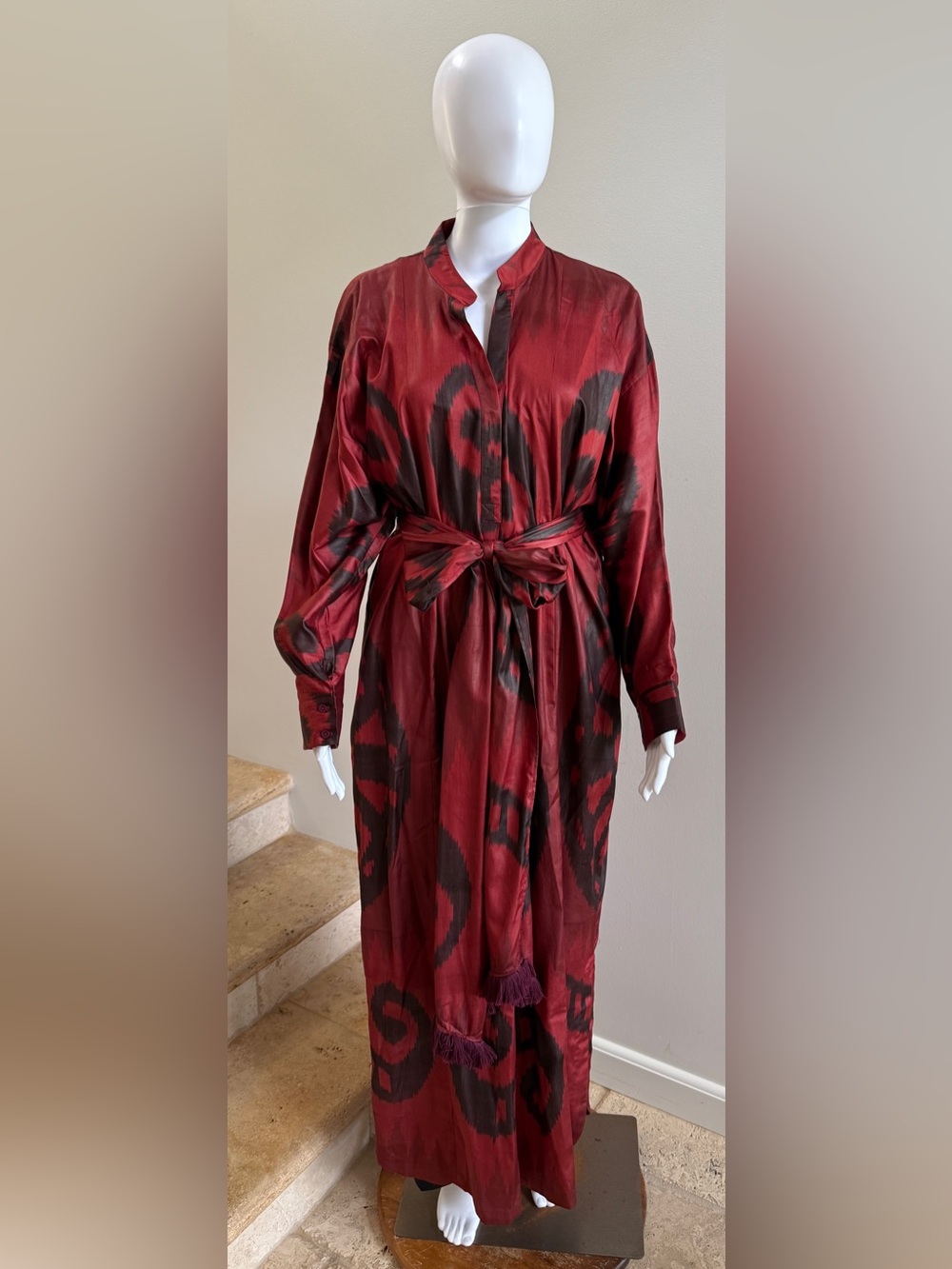 BIBI HANUM Ikat-Print 100% Silk Maxi Dress, Size Large